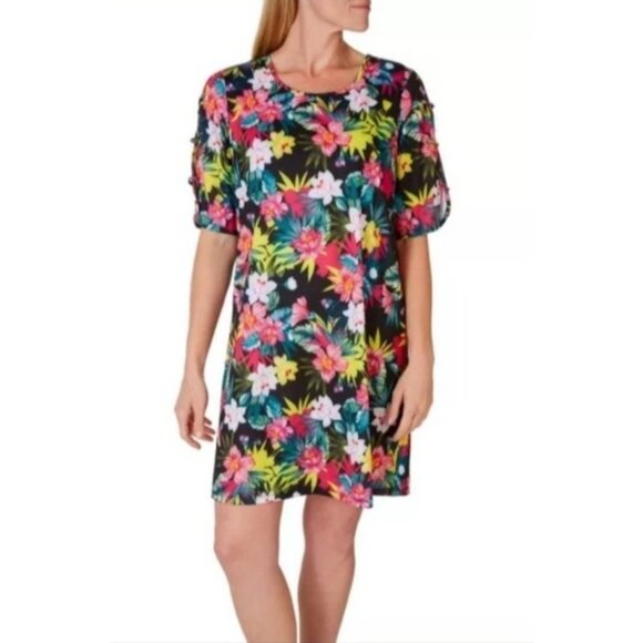 NWT Hawaiian Floral Print T-Shirt Dress Swim Cover Beach Dress UPF 50+ - Picture 1 of 6